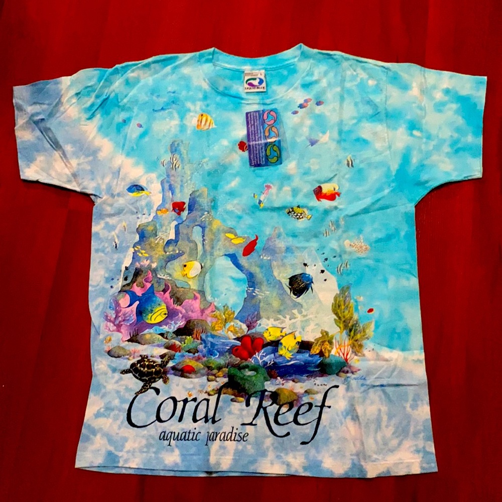 VintageRARE”Coral reef”Liquid Blue TieDye Tshirt,L - Picture 1 of 4